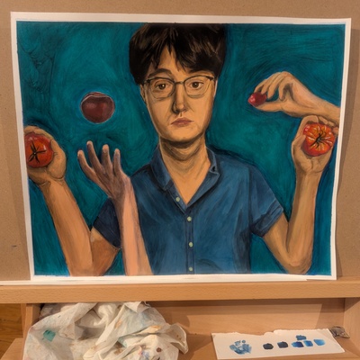 Acrylic Painting of Man with Tomatoes